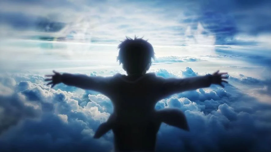 An animated silhouette with arms spread wide against a bright sky of clouds.